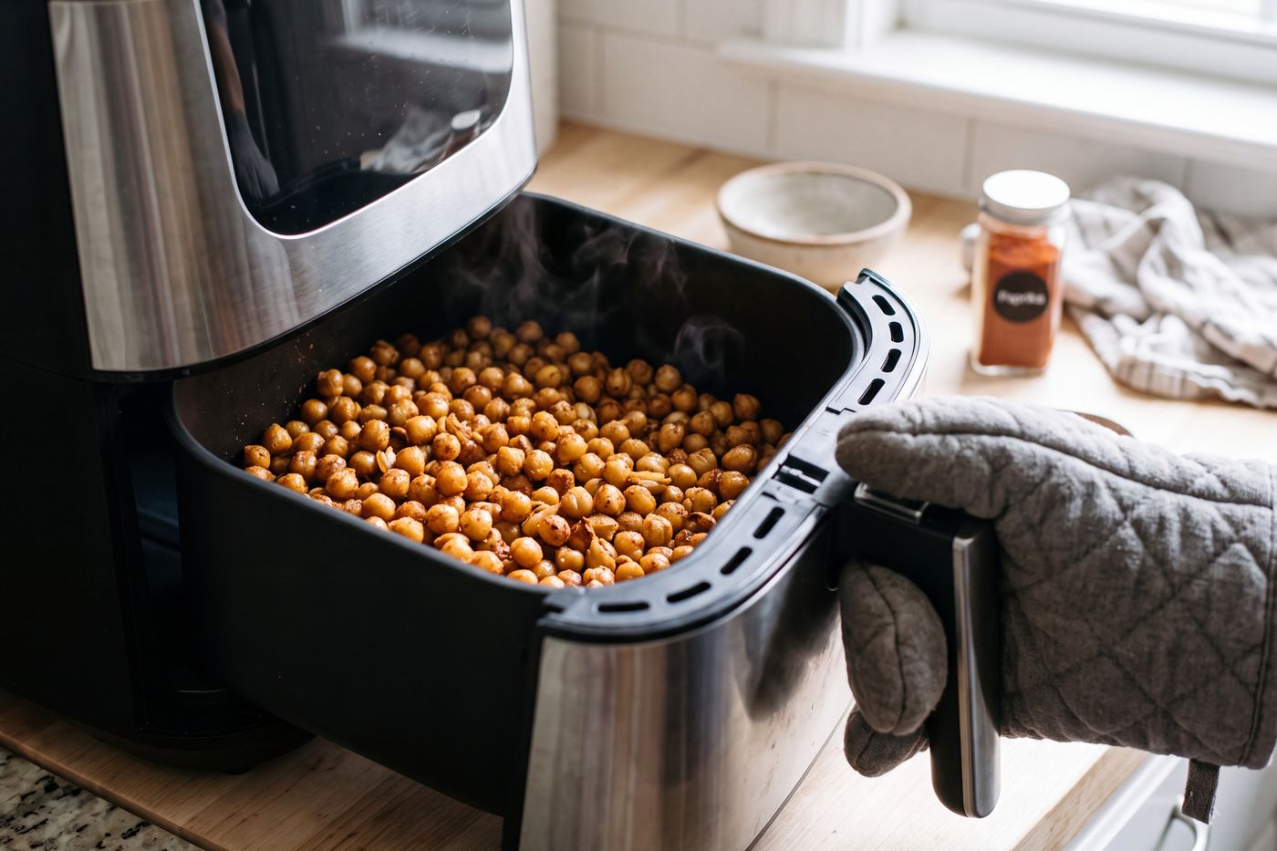 An air fryer basket of crispy garbanzo beans being pulled out with an oven mitt