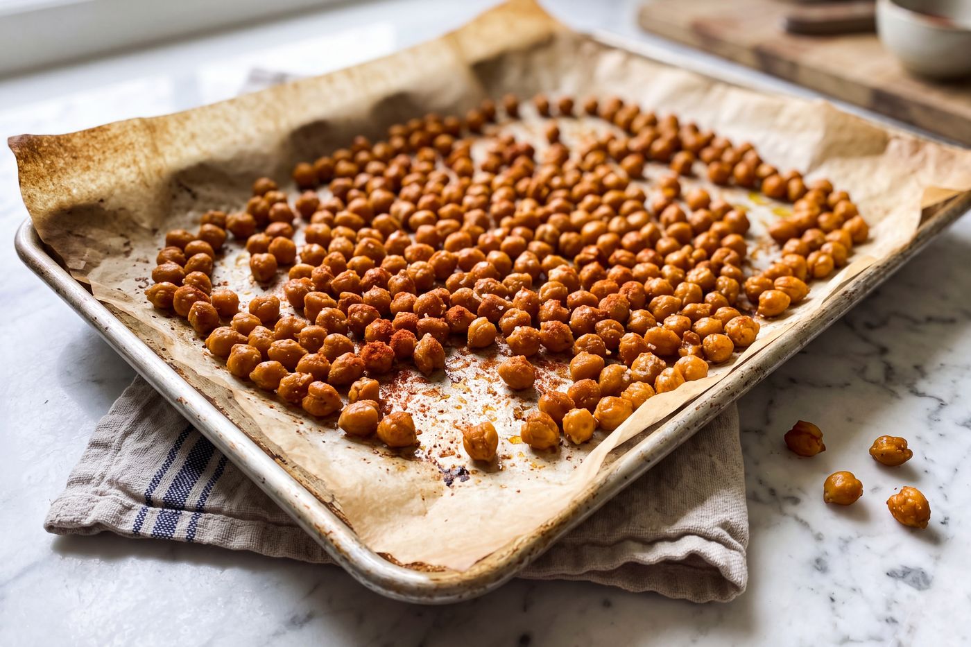 Crispy roasted garbanzo beans dusted with paprika on a parchment-lined sheet pan