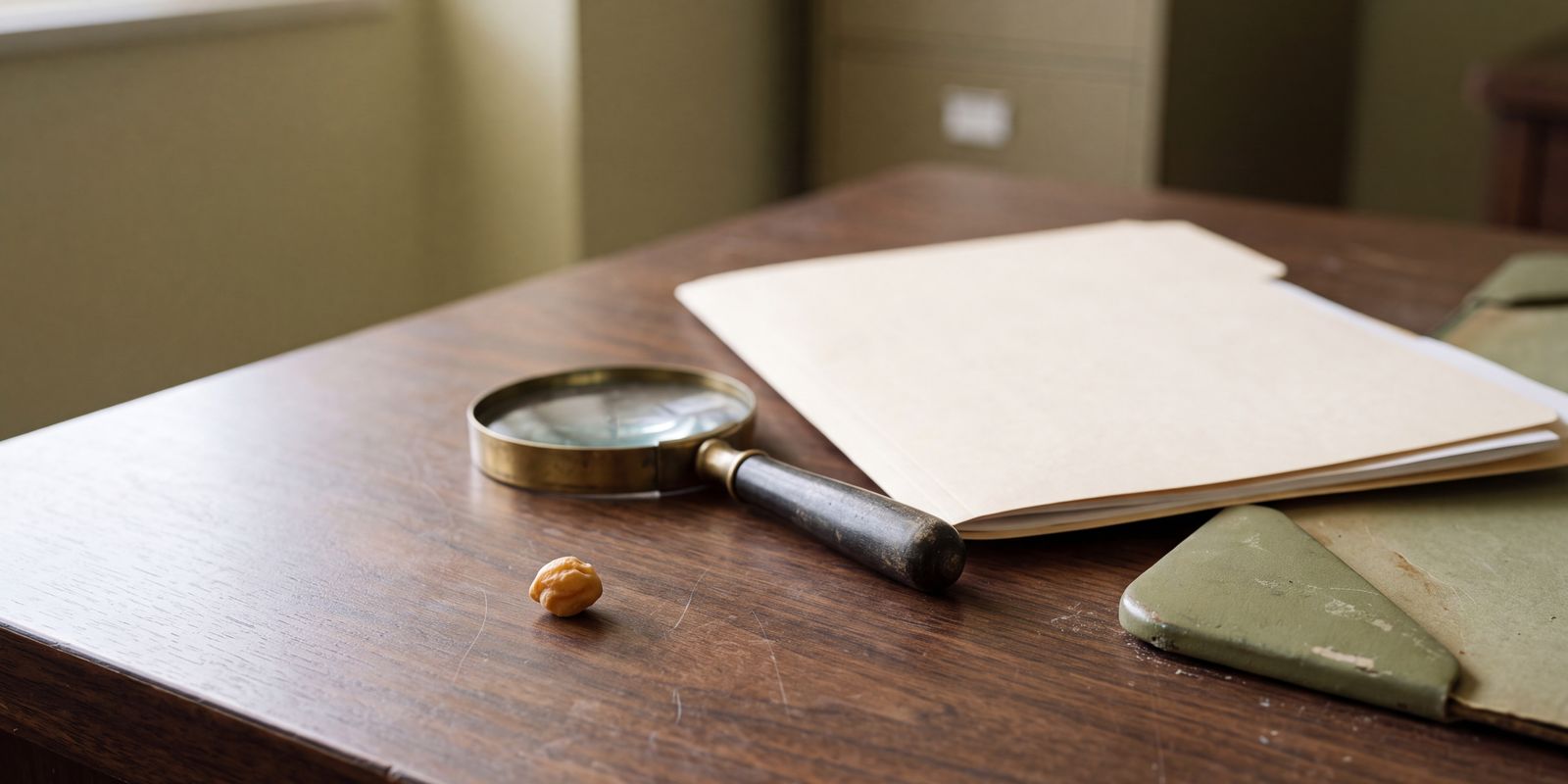 A garbanzo bean on a wooden desk beside a magnifying glass and a folder