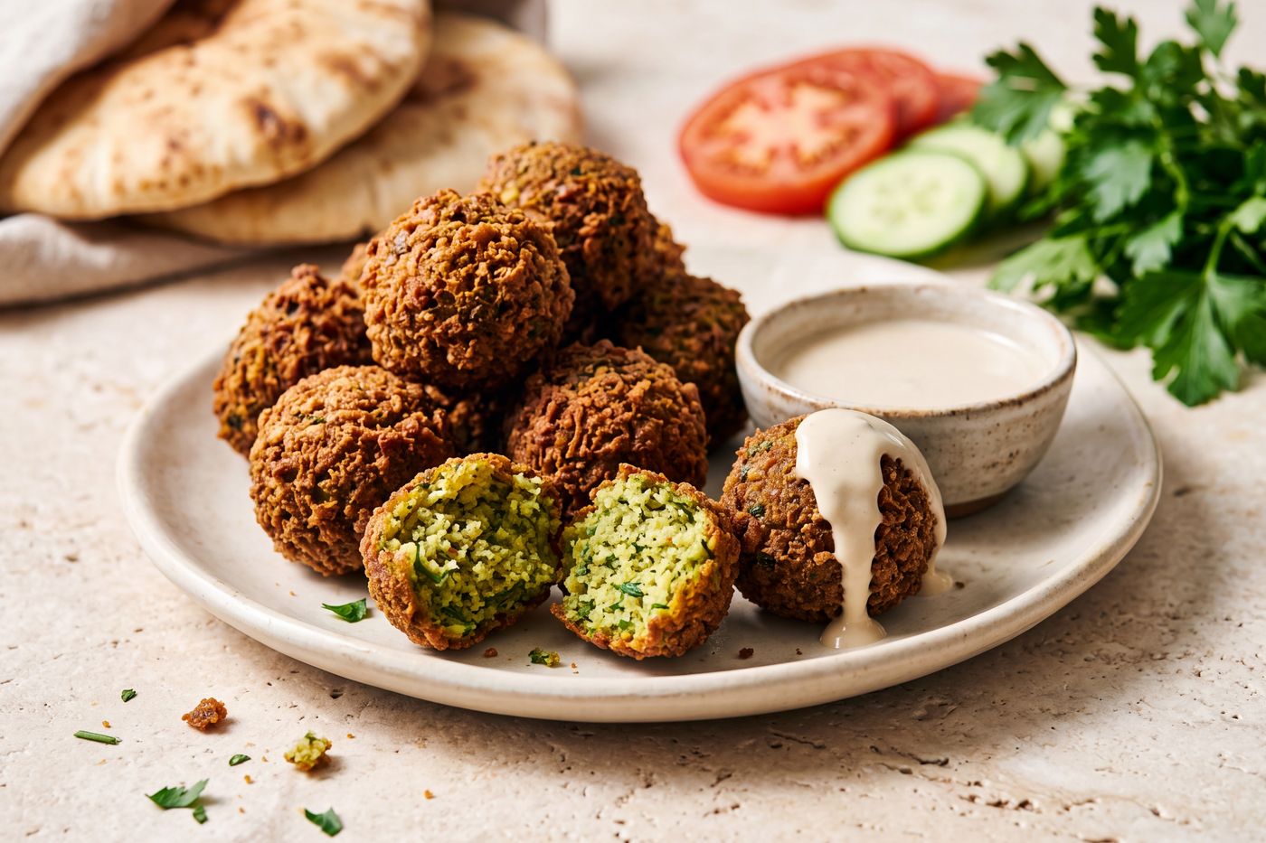 A plate of fried falafel, one broken open to show the green interior, with tahini sauce