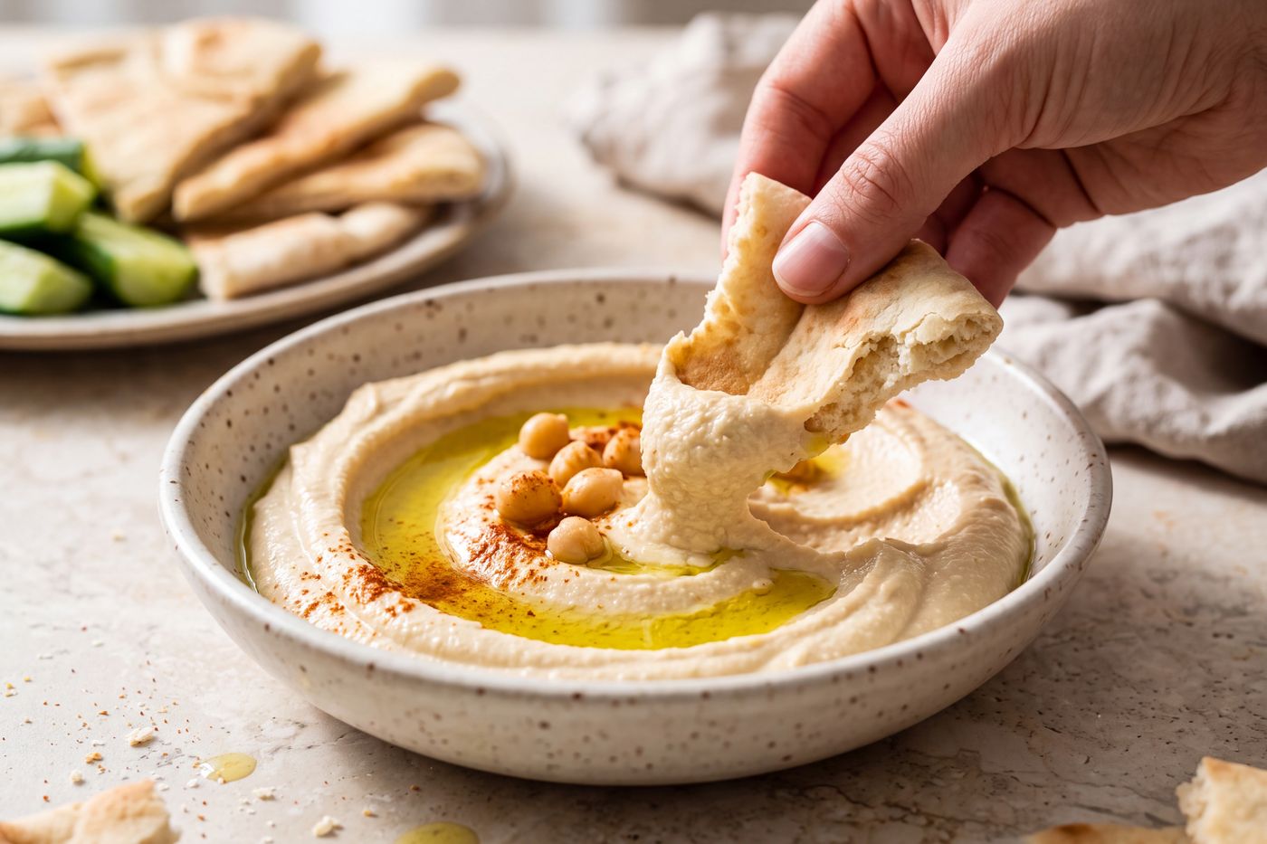 A piece of pita being dragged through a bowl of smooth hummus topped with olive oil and garbanzo beans