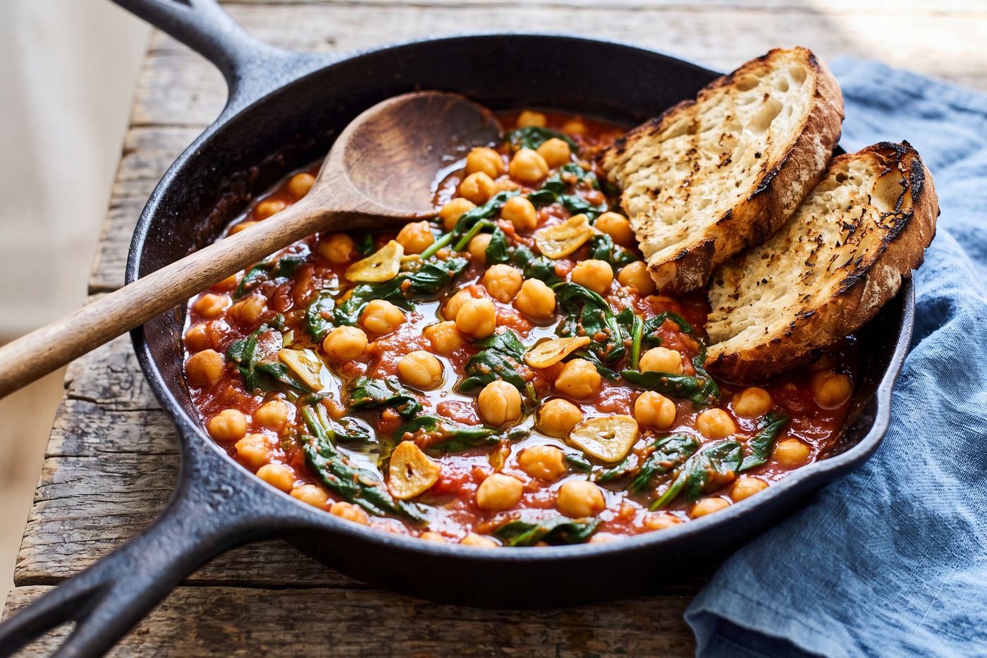 Garbanzo bean and spinach stew in a cast iron skillet with grilled bread