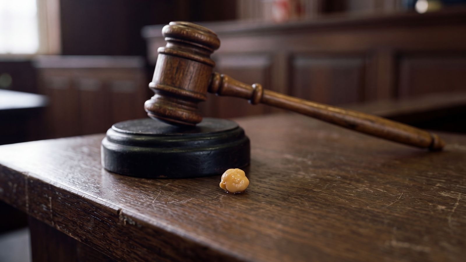 A wooden gavel on a courtroom bench with a single garbanzo bean beside it