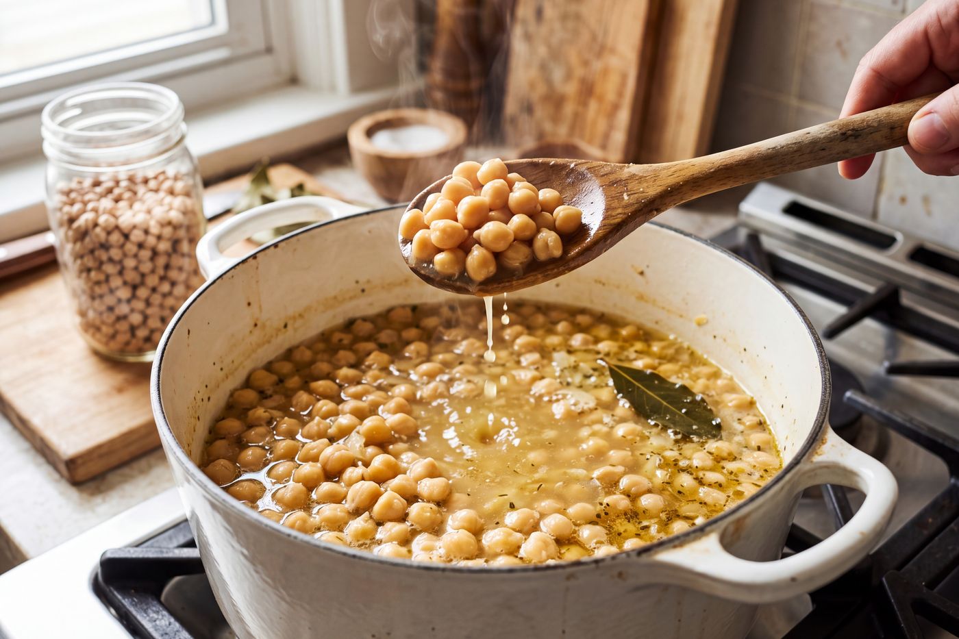 A wooden spoon lifting cooked garbanzo beans from a pot of broth, with a jar of dried beans behind