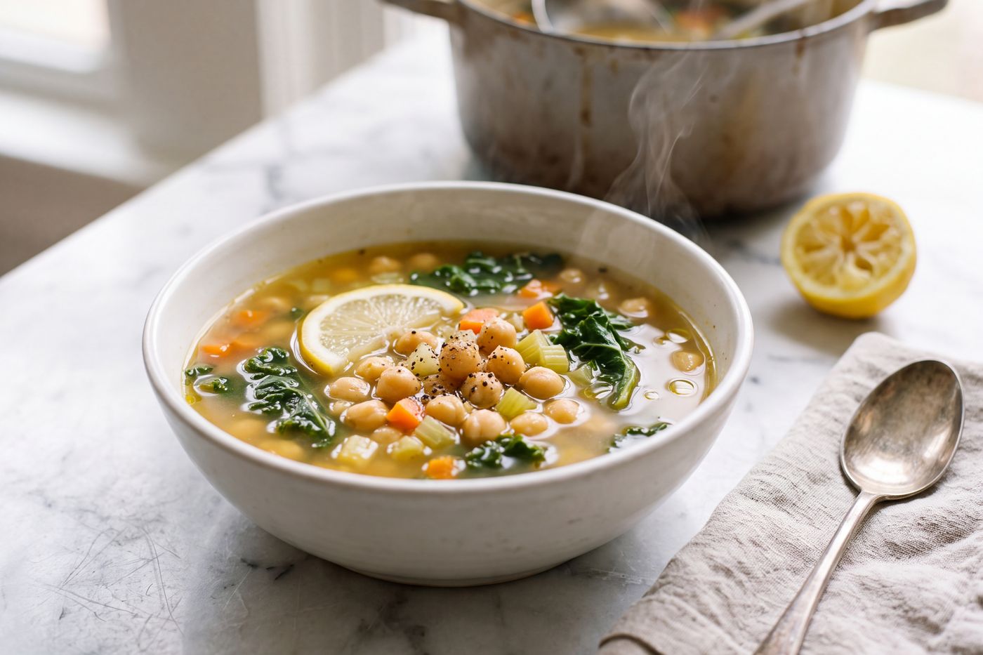 A bowl of lemony garbanzo bean soup with kale, carrot and a slice of lemon