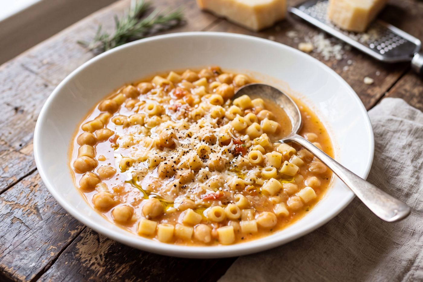 A bowl of pasta e ceci: ditalini and garbanzo beans in broth with Parmesan and black pepper