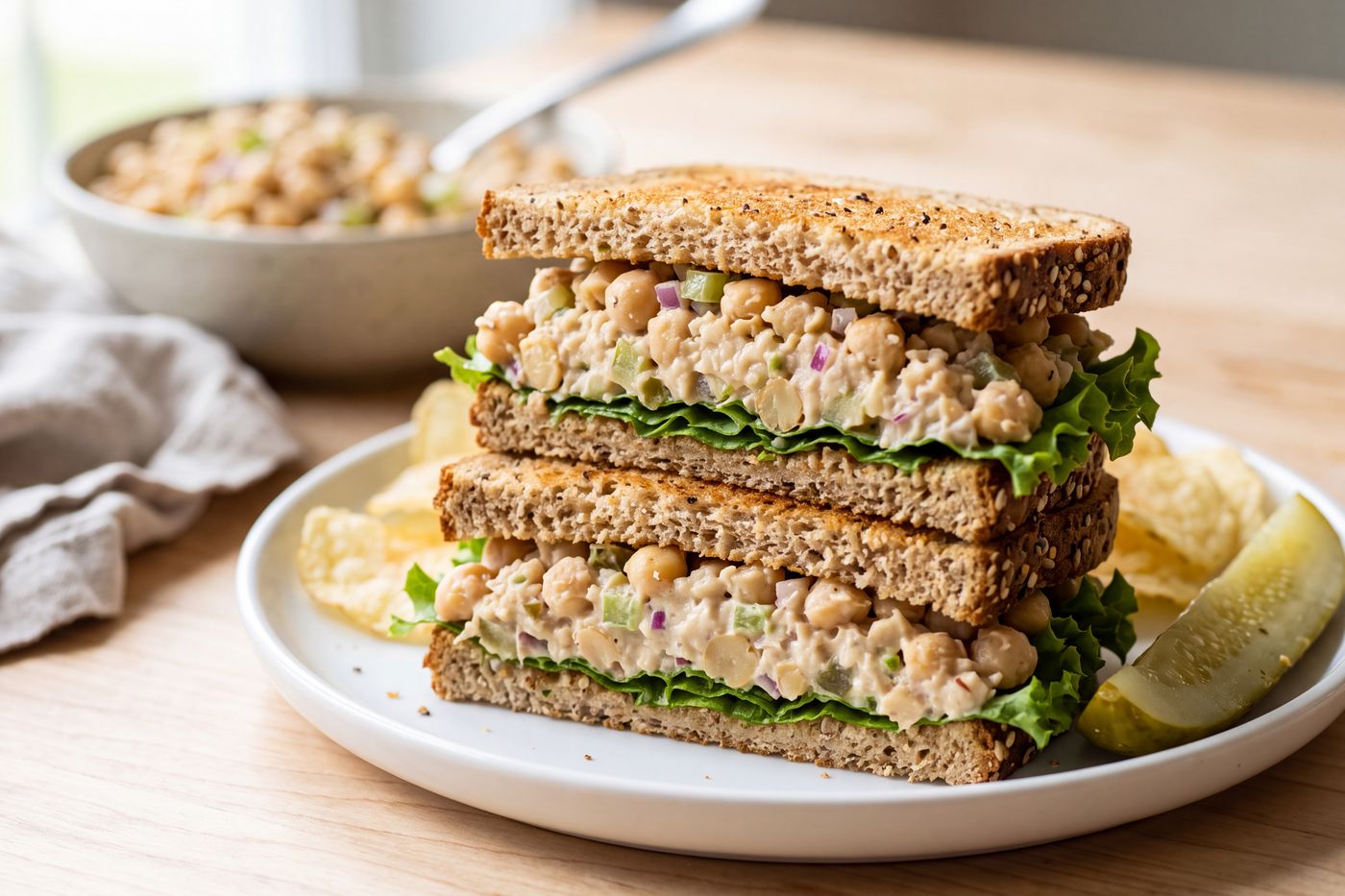 A smashed garbanzo bean salad sandwich on toasted whole grain bread, cut in half and stacked